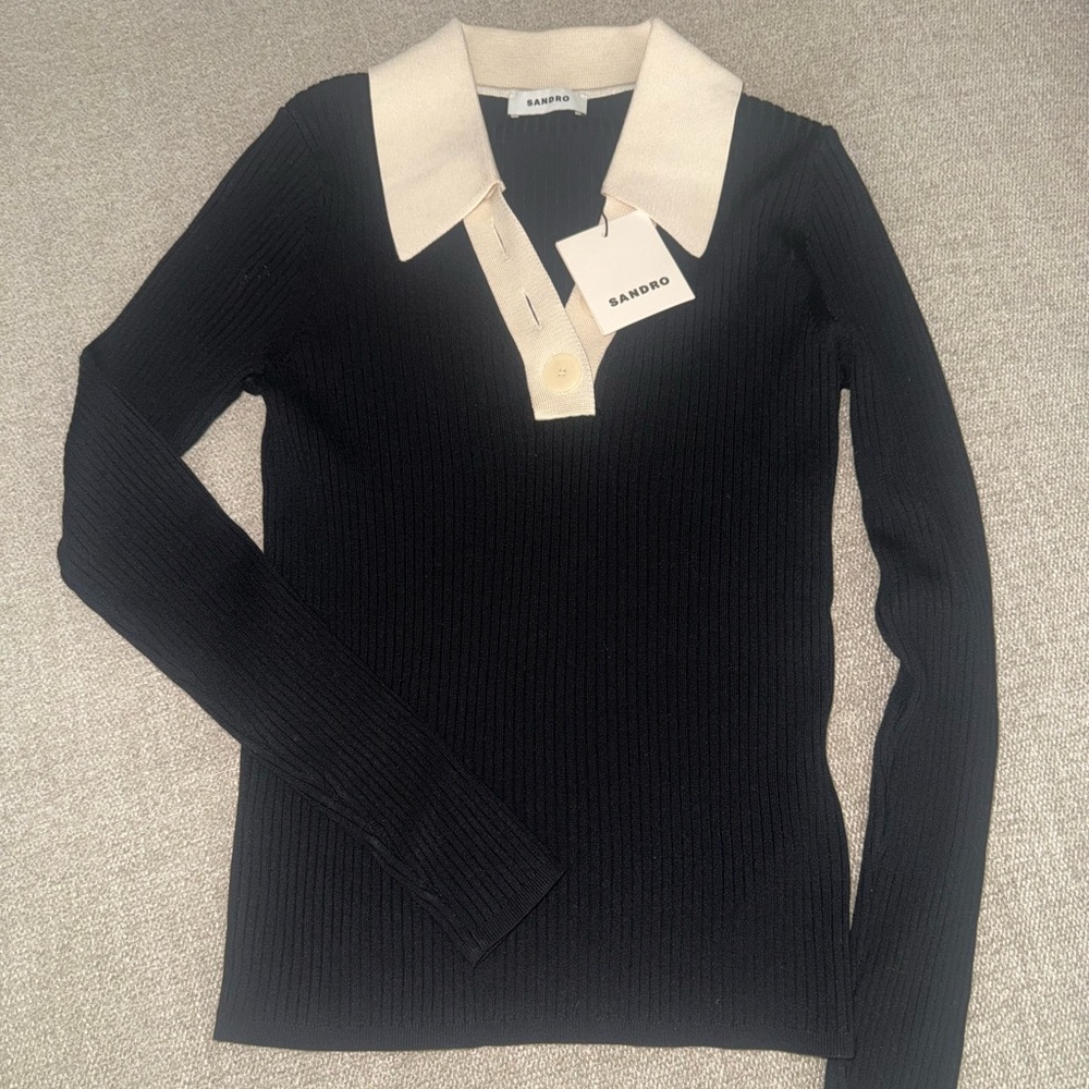 Sandro Black Knit Top with Cream Accents